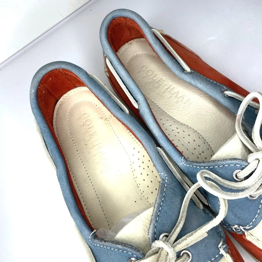 Cole Haan Mens Boat Shoes Size 10 M Red White Blue Leather Lace Up Deck Loafers